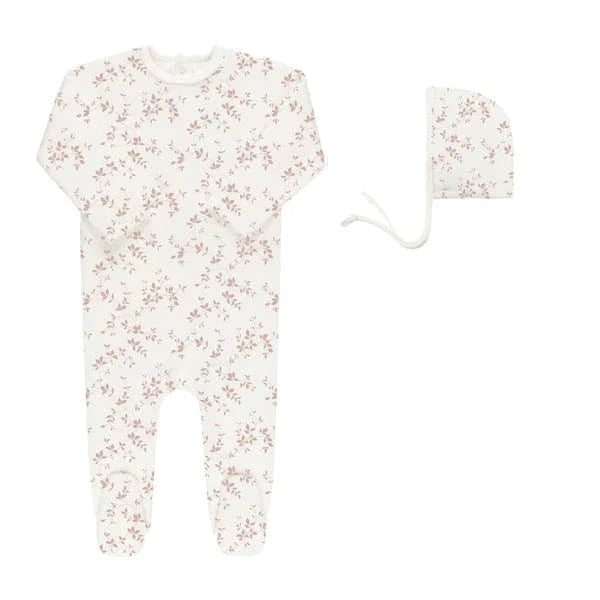 Ely's&Co. footie Jellybeanzkids Elys Velour Vine Pattern Footie With Bonnet-Pink On Ivory