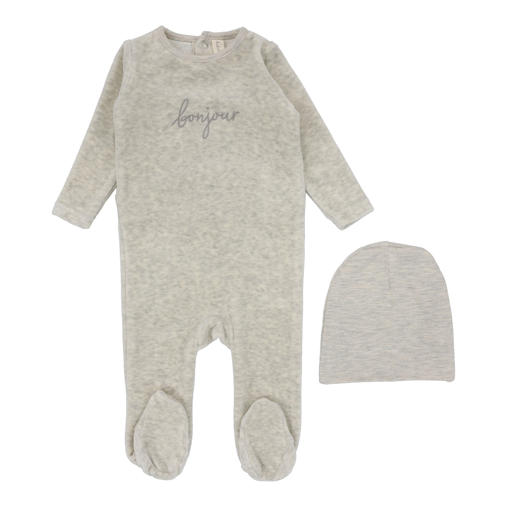 Lilette Velour Bonjour Footie Set- Heathered Oatmeal