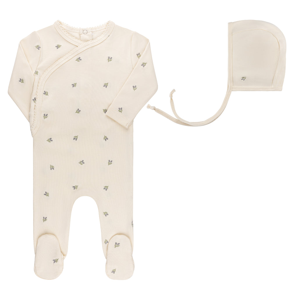 Elys Embroidered Tulip Footie + Bonnet -  Ivory Berry