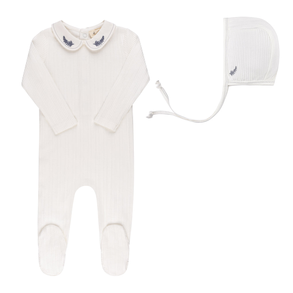 Elys Embroidered Collar Footie + Bonnet - Ivory Leaf