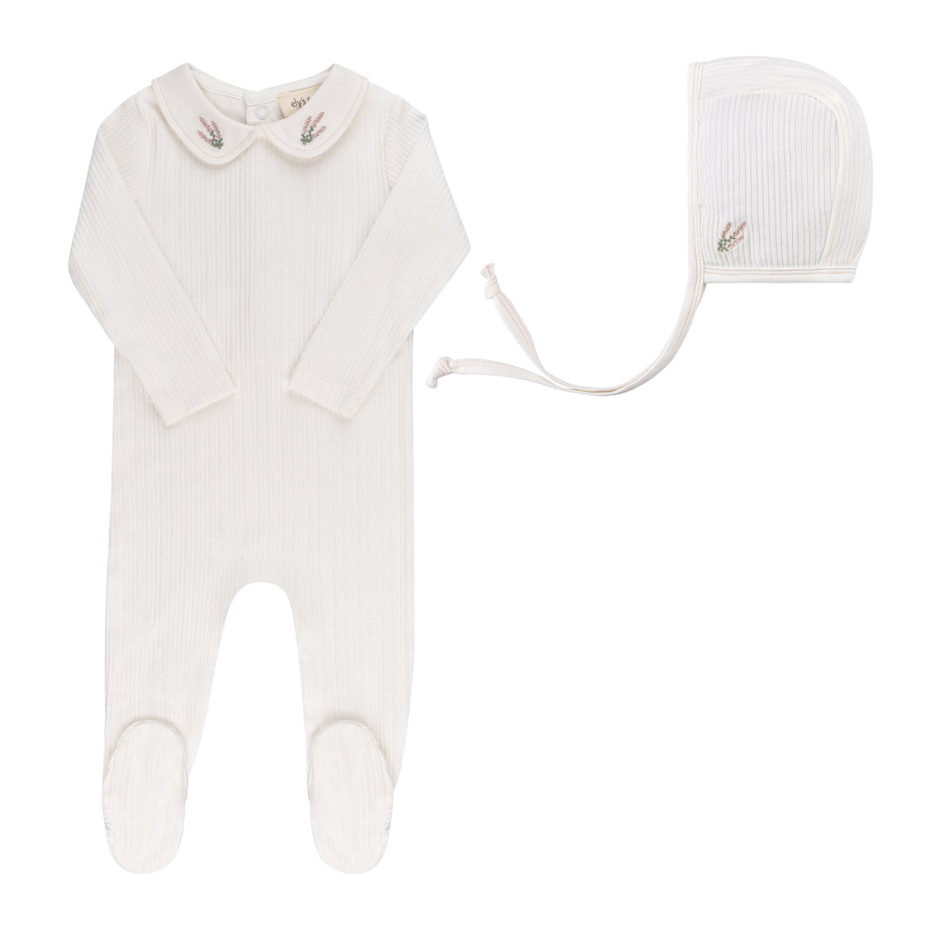 Elys Embroidered Collar Footie + Bonnet - Ivory Heather