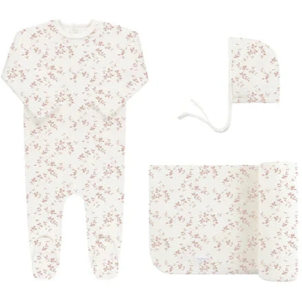 Elys Velour Vine Pattern Footie Set-Pink On Ivory