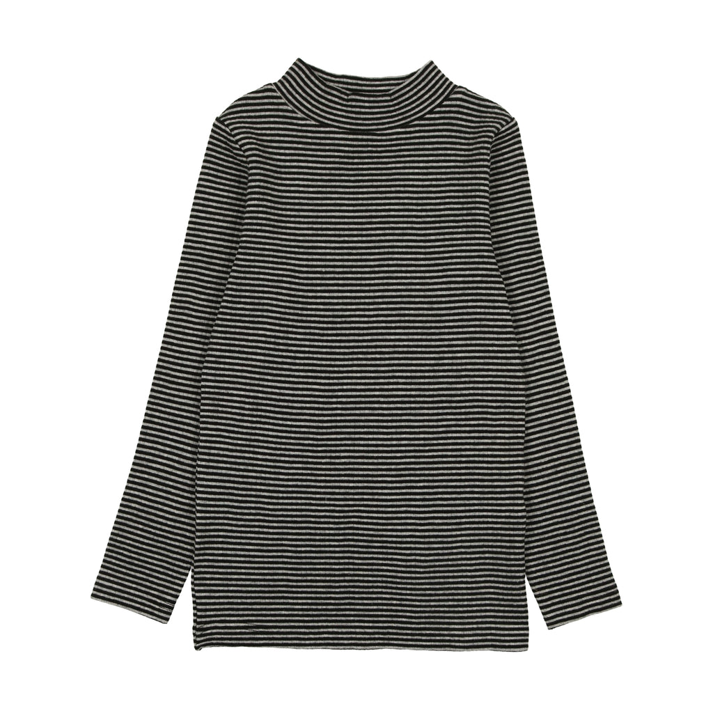 Kin+ Kin Girls Striped Mockneck- Light Grey/Black Stripe