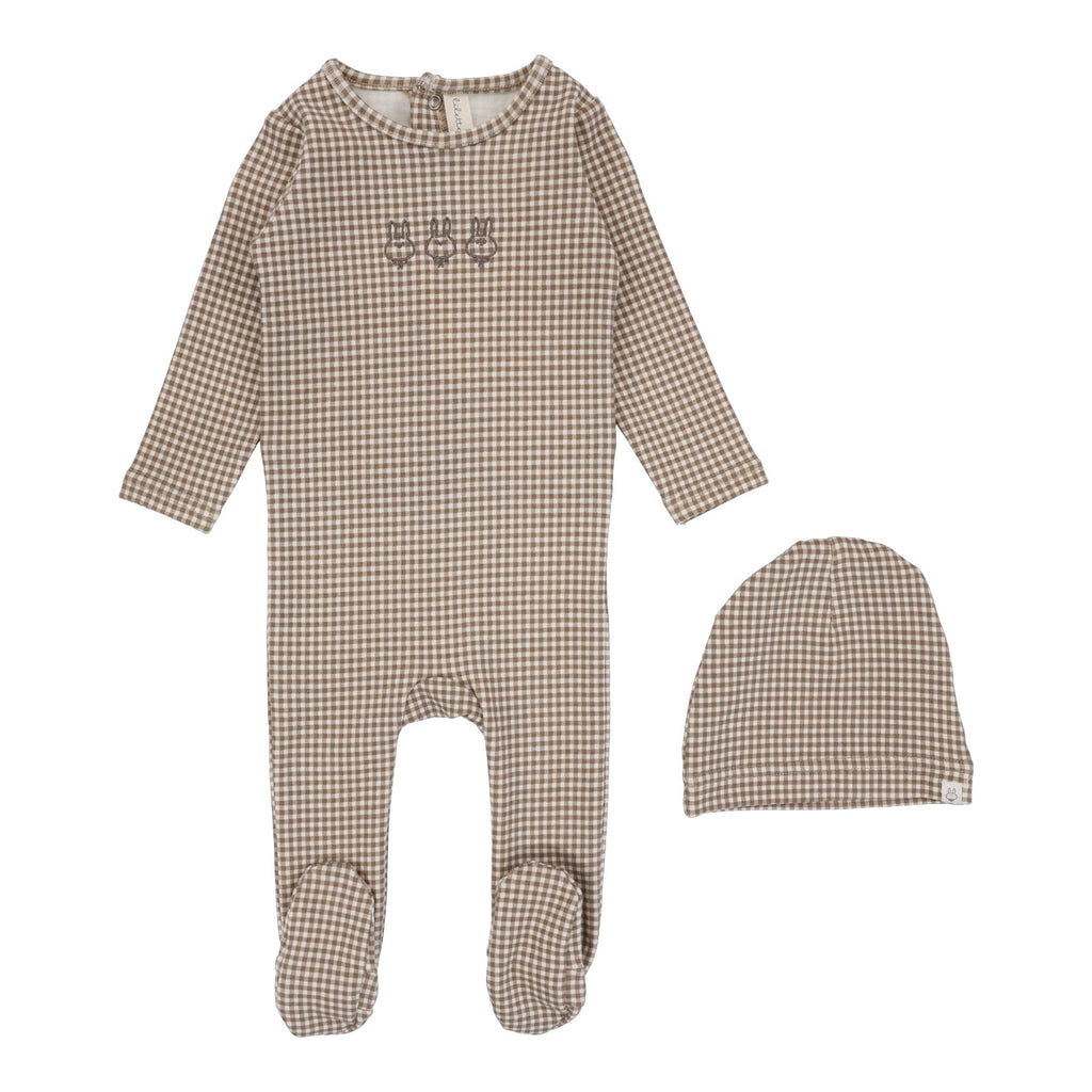 Lilette by Lil Legs Footie Jellybeanzkids Lilette Gingham Bunny Footie Set-Oatmeal