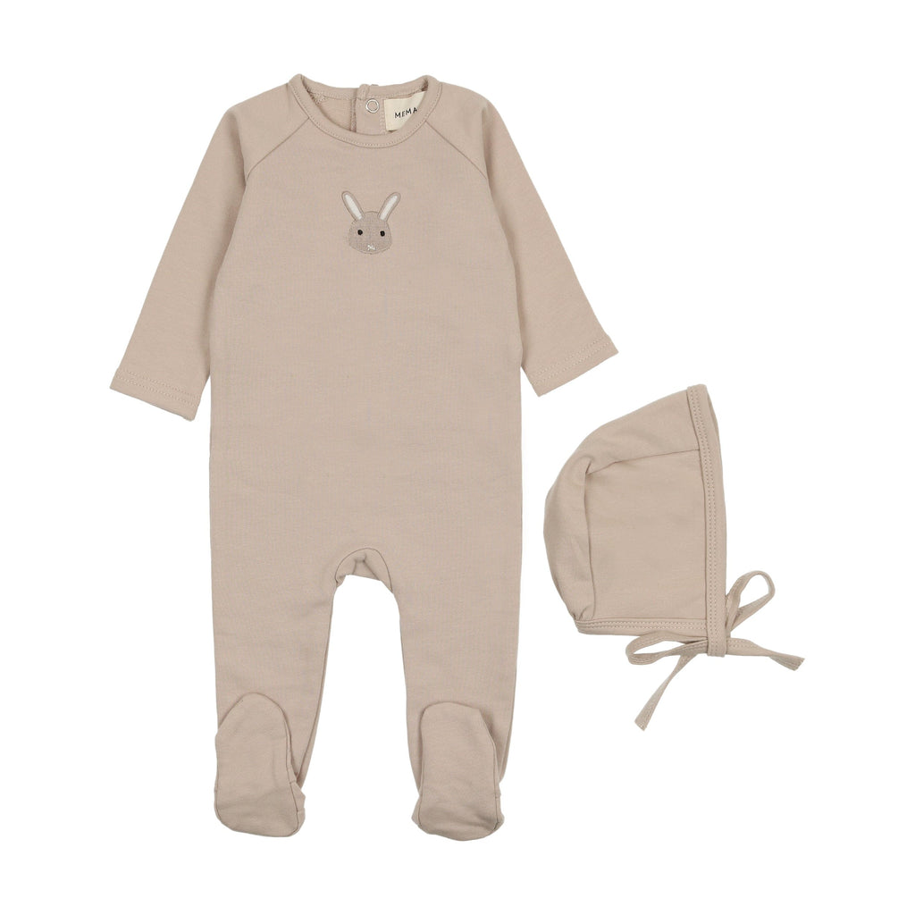 Mema Knits Footie Jellybeanzkids Mema Knits French Terry Embroidered Animal Footie-Oatmeal