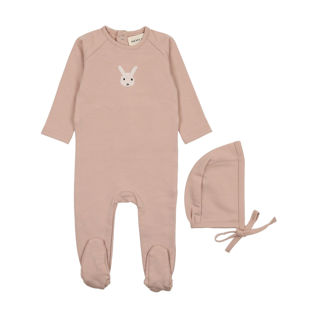 Mema Knits Footie Jellybeanzkids Mema Knits French Terry Embroidered Animal Footie-Pale Pink