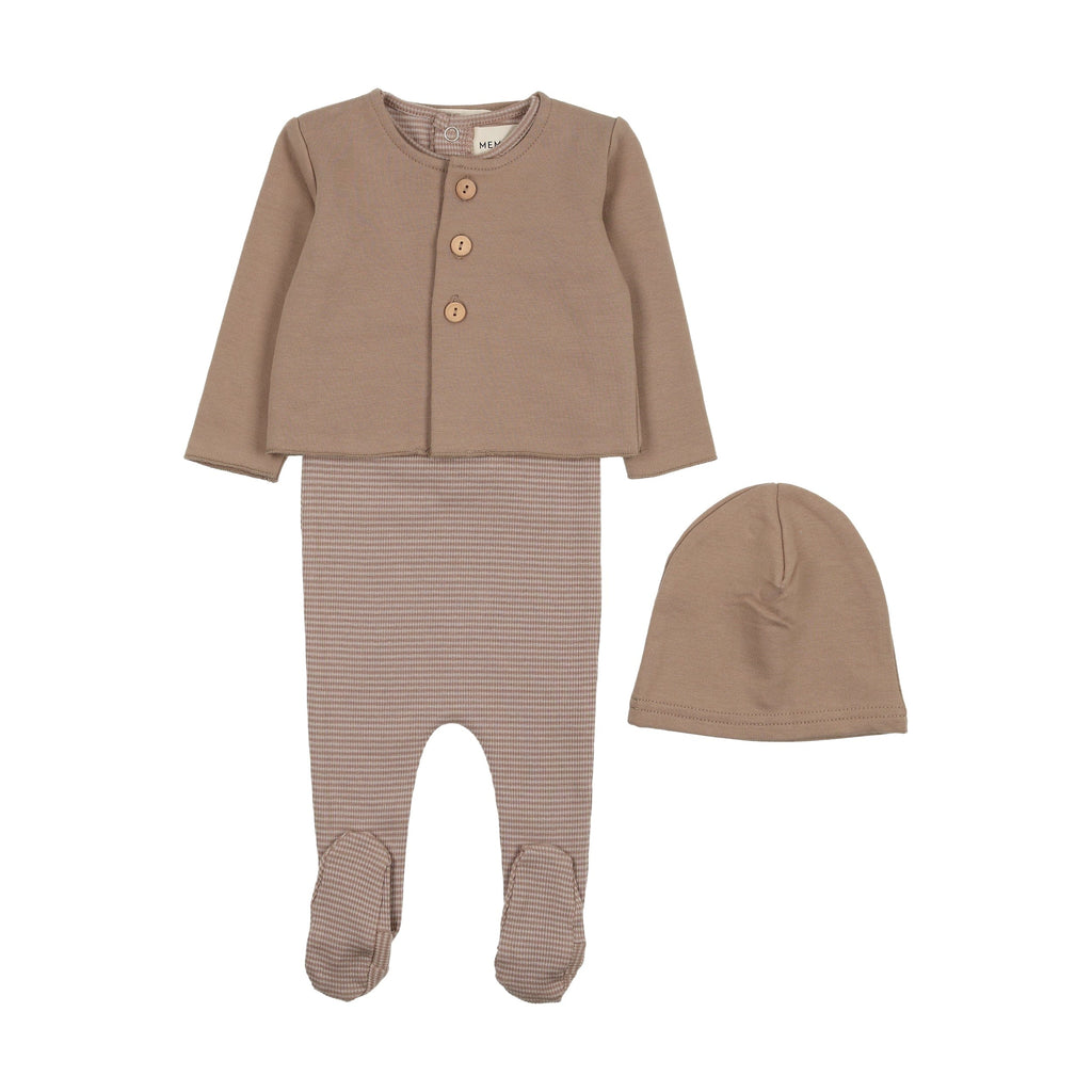 Mema Knits Footie Jellybeanzkids Mema Knits Striped Footie With Cardigan +Beanie-Mink/Oatmeal