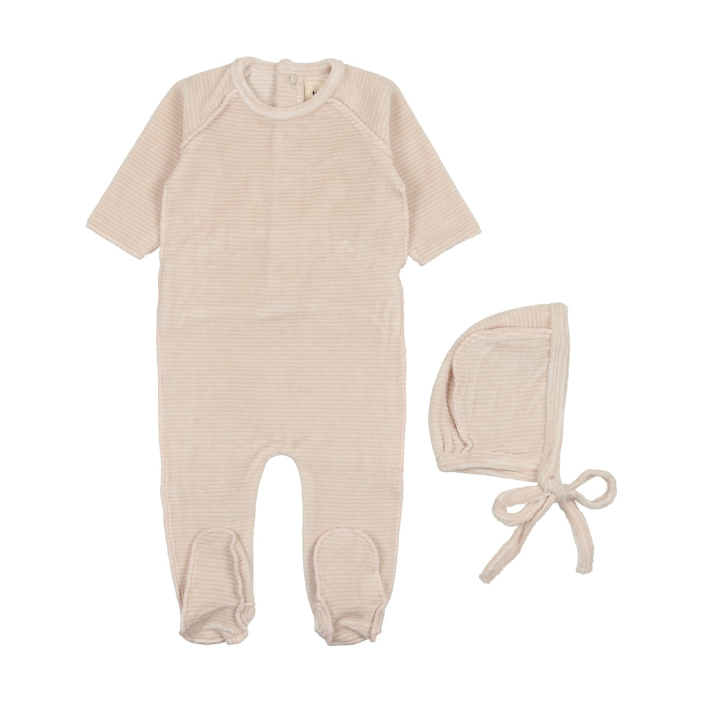 Mema Knits Footie Jellybeanzkids Mema Knits Thin Striped Velour Footie-Dusty Pink/Oatmeal