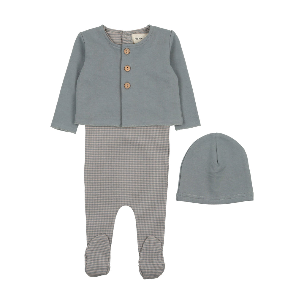 Mema Knits Striped Footie With Cardigan +Beanie-Dove/Oatmeal