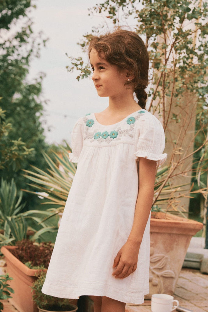 Pernille DRESS Jellybeanzkids Pernille Embroidered Blue Flowers White Dress